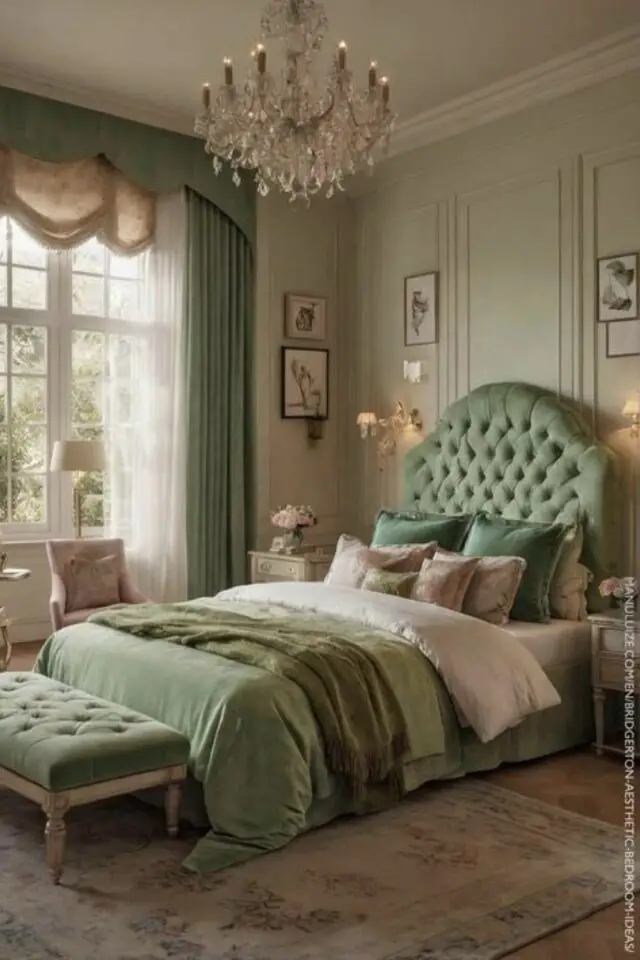 caractéristiques style regencycore décoration chambre à coucher adulte verte moulure tête de lit capitonnée banc en velours chic 