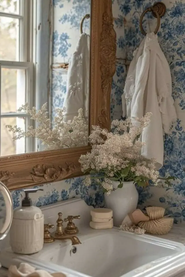 caractéristiques style regencycore décoration salle de bain papier peint fleuri bleu et blanc miroir ancien lavabo en faïence blanche 