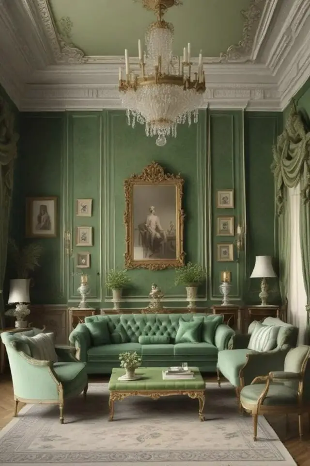 caractéristiques style regencycore décoration salon séjour grande hauteur sous plafond couleur vert canapé capitonné 