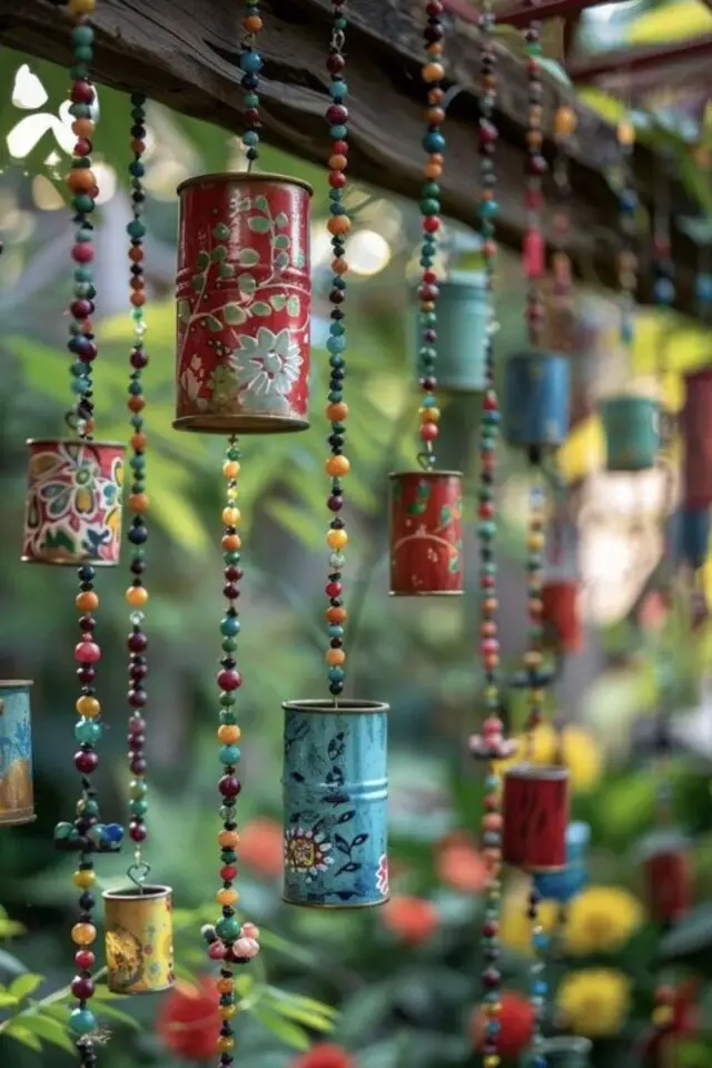 carillon bricolage récup jardin perles et boites de conserves peintes facile à faire à suspendre sur la pergola 