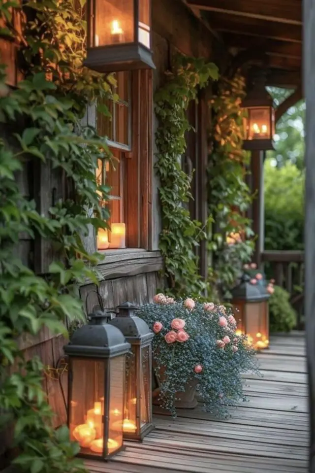 decoration exterieure lanterne idees porche entrée maison petite terrasse rustique en bois 