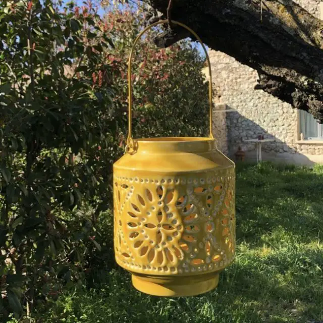 Lanterne photophore en métal émaillé jaune