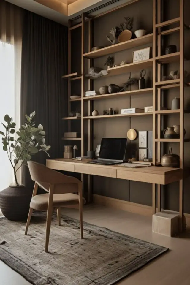 style et couleur bureau a domicile neutre marron bois minimaliste rangement meuble sur mesure 