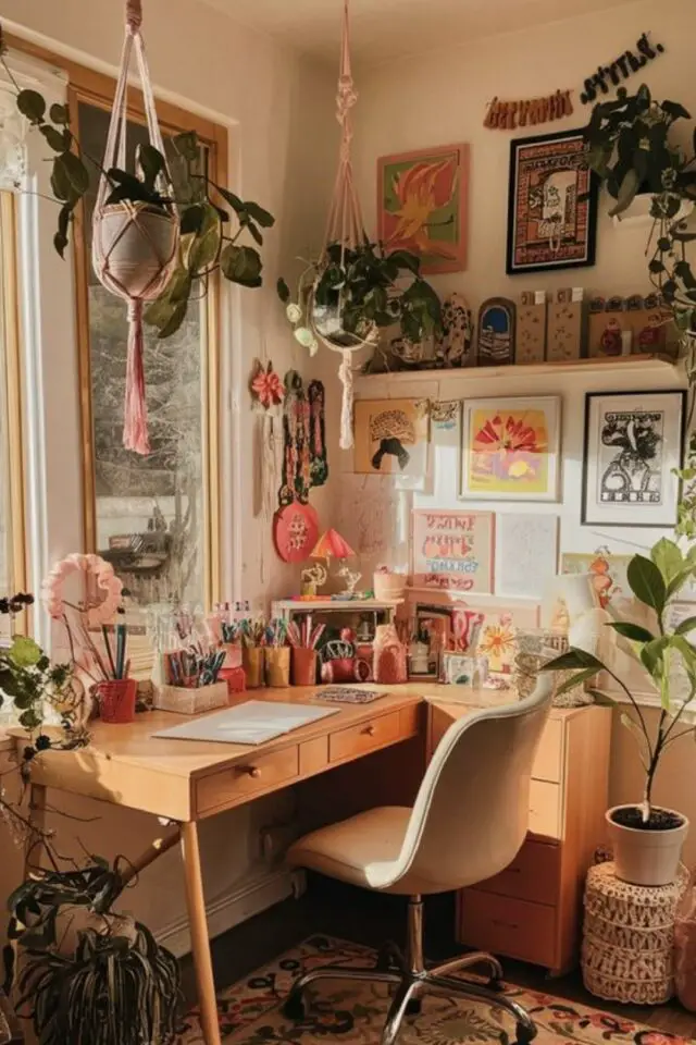 style et couleur bureau a domicile boho bohème base neutre plantes vertes galerie affiches encadrées