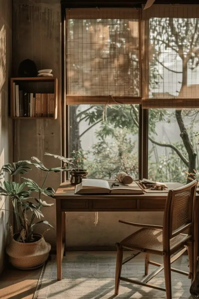 style et couleur bureau a domicile zen japandi calme tranquillité beige bois neutres 