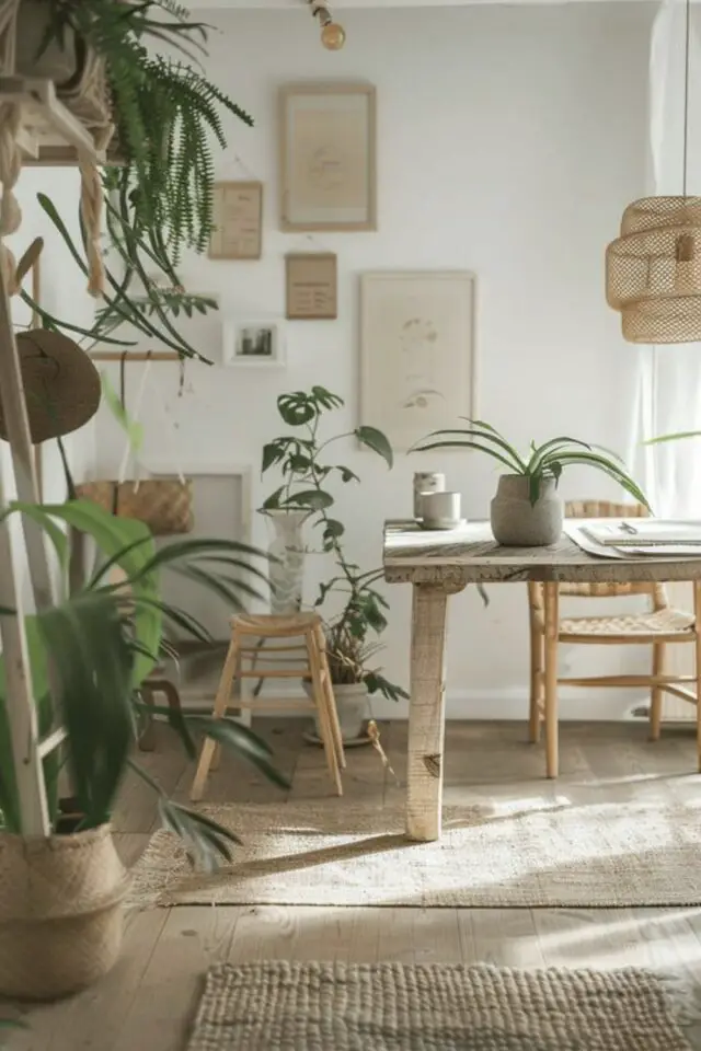 style et couleur bureau a domicile nature plantes vertes mobilier en bois mur blanc textiles naturel suspension bambou tressé