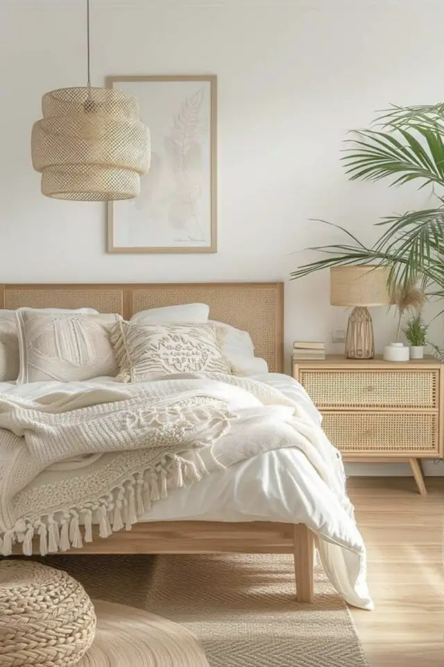 décoration chambre adulte tête de lit cannage mur blanc ambiance cosy et nature 