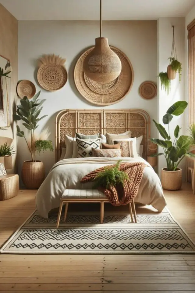 décoration chambre adulte tête de lit cannage et rotin bambou inspiration élégante et bohème 