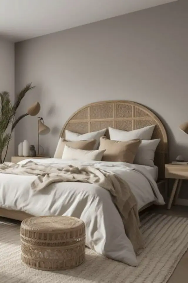 décoration chambre adulte tête de lit cannage  arrondie bois décor simple et naturel