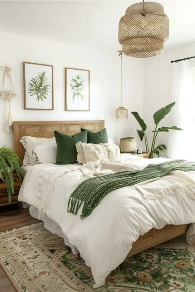 décoration chambre adulte tête de lit cannage blanche et bois classique et élégante naturelle touche de vert