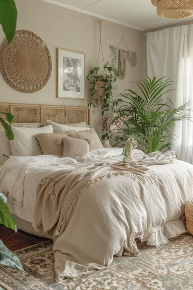 décoration chambre adulte tête de lit cannage bohème nature couleur neutre touche de vert plantes 