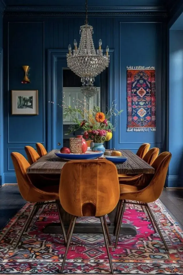 couleur salle a manger bleu exemple peinture mur et moulure chaise couleur ocre en velours association de couleur 