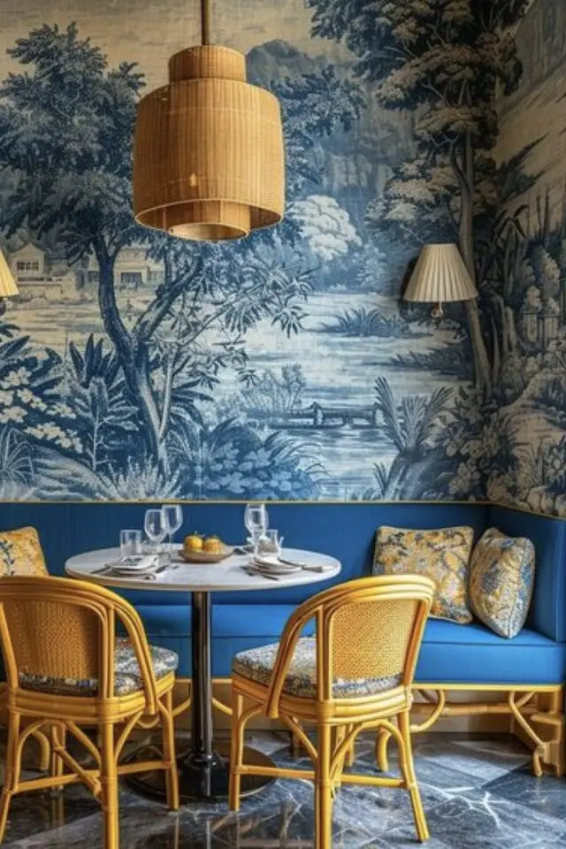 couleur salle a manger bleu exemple banquette vintage chaise en rotin papier peint fresque ancienne 