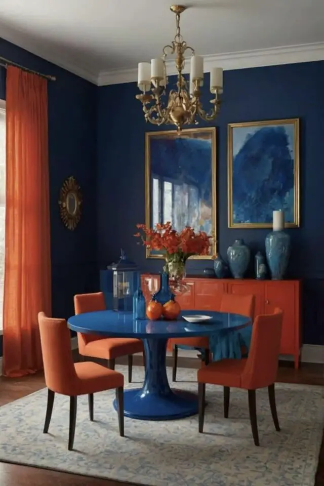 couleur salle a manger bleu exemple association couleurs complémentaire roue chromatique orange contraste chic table ronde pied central colorée 