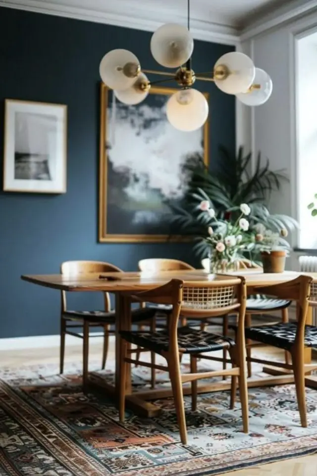 couleur salle a manger bleu exemple chic et élégant couleur sourde et sombre meuble en bois chaise cannage et cuir 