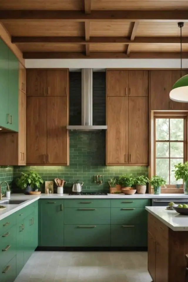 cuisine couleur verte exemple associé avec du bois beau plafond esprit nature moderne 