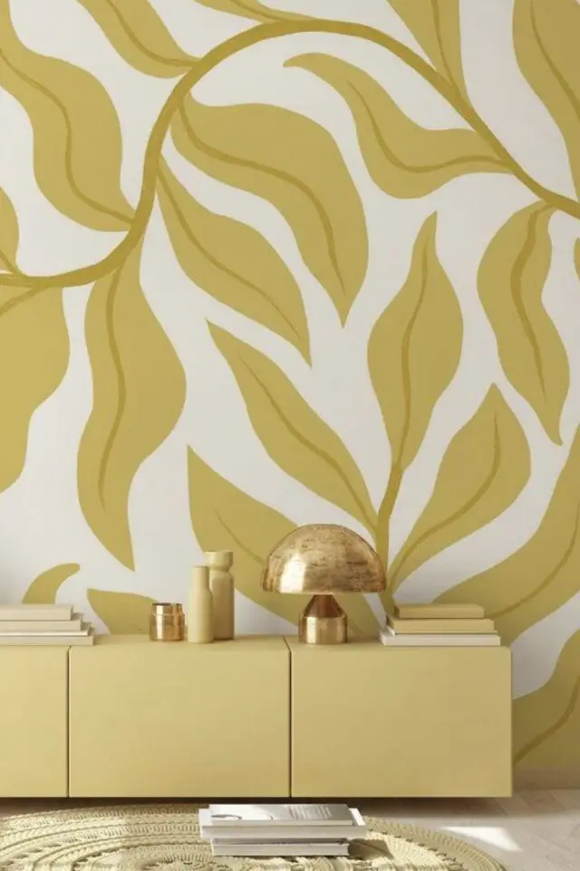 décoration chambre adulte couleur jaune exemple papier peint sur fond blanc feuillage XXL 