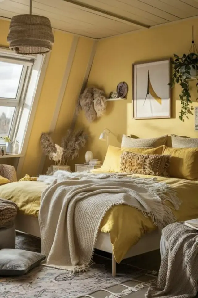 décoration chambre adulte couleur jaune exemple mansardée peinture linge de lit touche de beige douceur 