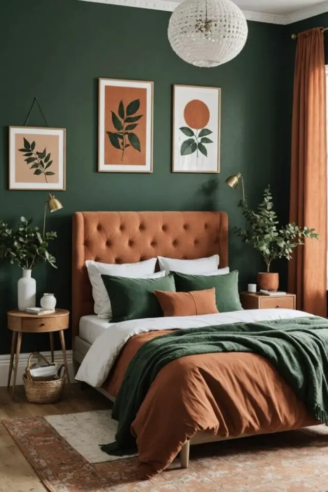 décoration chambre moderne couleur vert mariage couleur orange ocre univers nature chaleureux cosy tête de lit capitonnée 