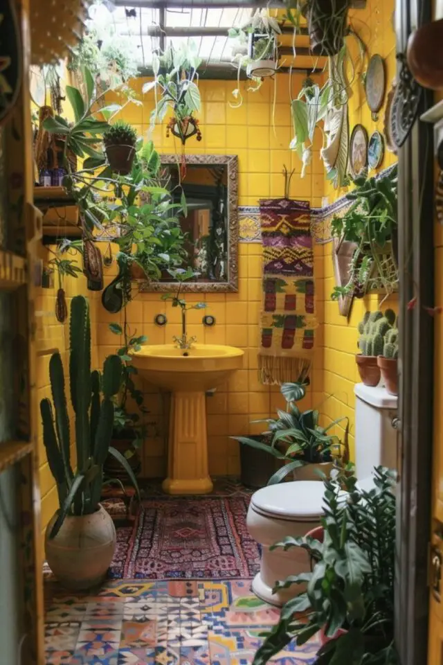 decoration salle de bain couleur jaune carrelage lavabo coloré esprit bohème avec plantes vertes 