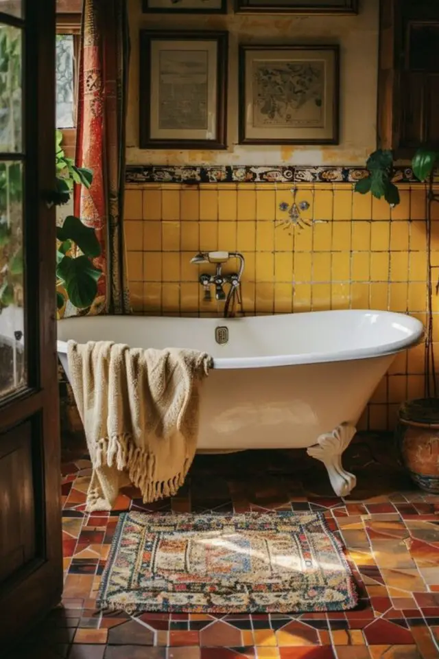 decoration salle de bain couleur jaune esprit bohème carrelage soubassement ancien baignoire îlot 