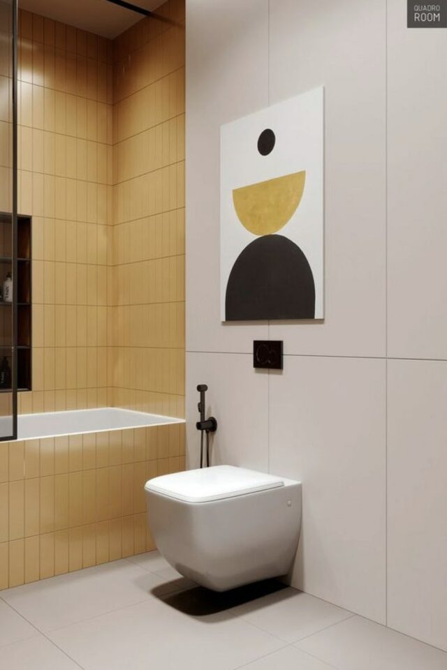 decoration salle de bain couleur jaune carrelage mur et pare-baignoire espace moderne chic 