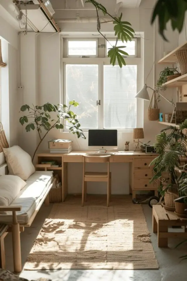 décoration salon design japonais petit espace appartement bureau séjour canapé en bois tapis en jute plantes verte lumière naturelle 