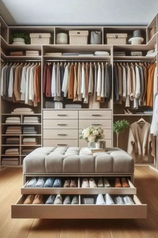 dressing sur mesure exemple chic et organisé partie basse étagères et tiroirs surplombé penderie puis étagères pouf au centre de la pièce avec tiroir pour les chaussures 