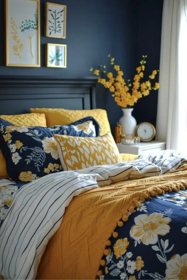 exemple deco chambre adulte bleu associé à du jaune contraste chaud froid et sombre et lumineux 