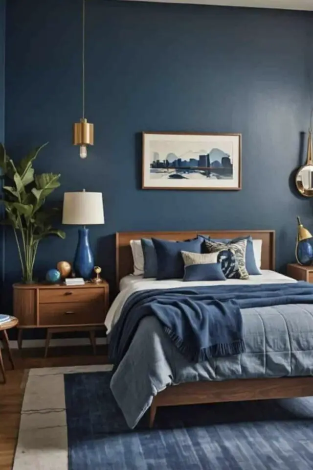 exemple deco chambre adulte bleu chic et masculin bois sombre peinture unie bleu nuit tapis linge de lit lampe 