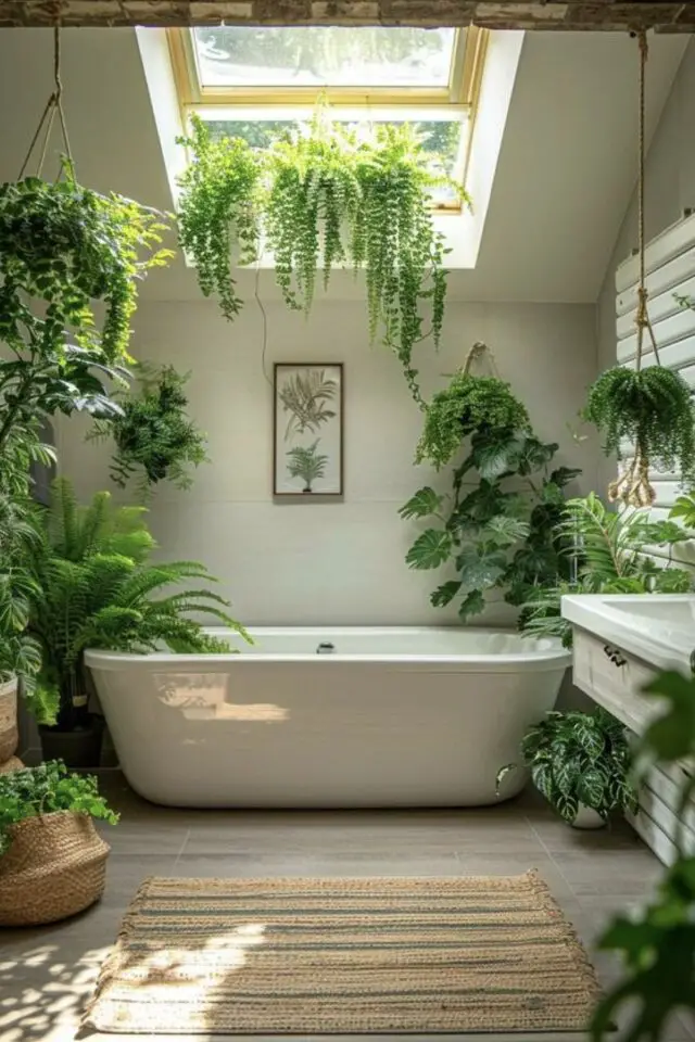 exemple déco salle de bain verte plantes d'intérieur mur blanc baignoire pièces sous les combles mansarde 