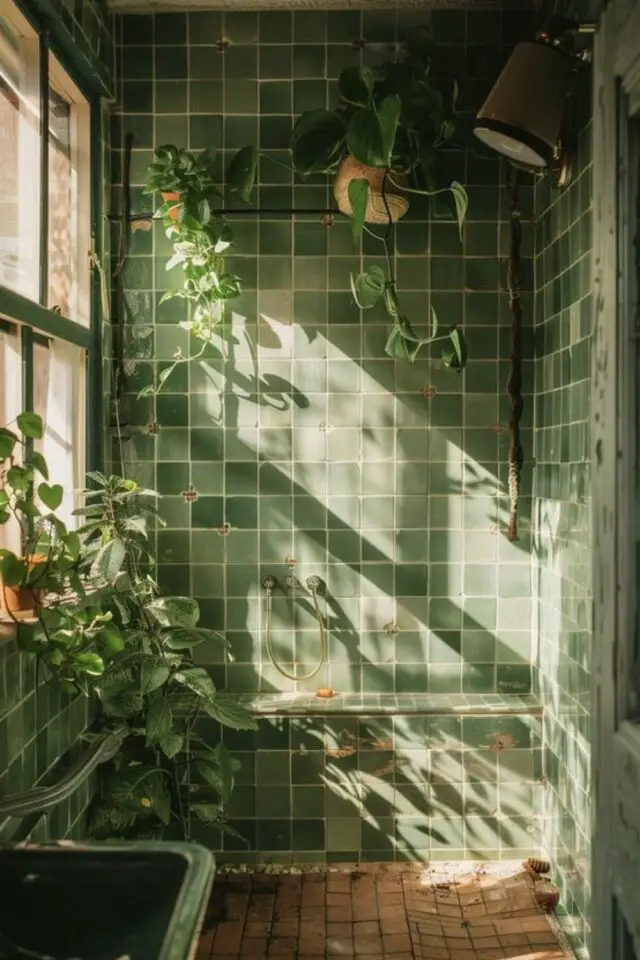 exemple déco salle de bain verte zellige carrelage douche ambiance nature plantes intérieures 