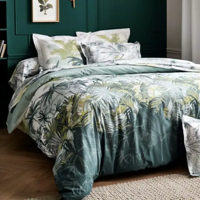 Linge de lit Alba percale de coton imprimé tropical vert