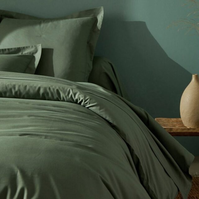 Linge de lit uni coton vert eucalyptus