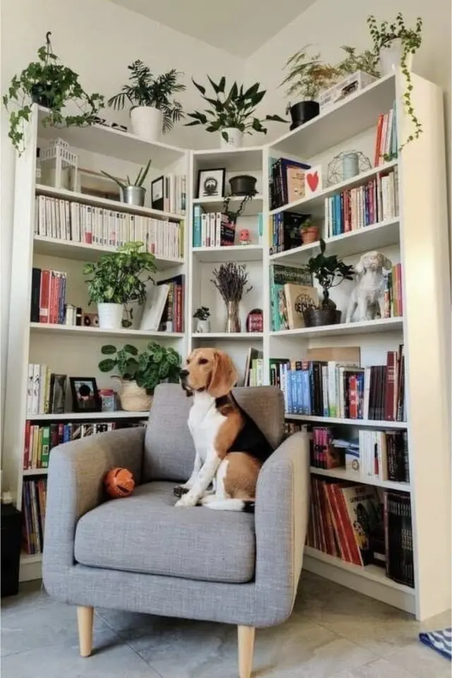 aménagement coin lecture adolescent bibliothèque d'angle fauteuil simple scandinave gris plantes et livres 