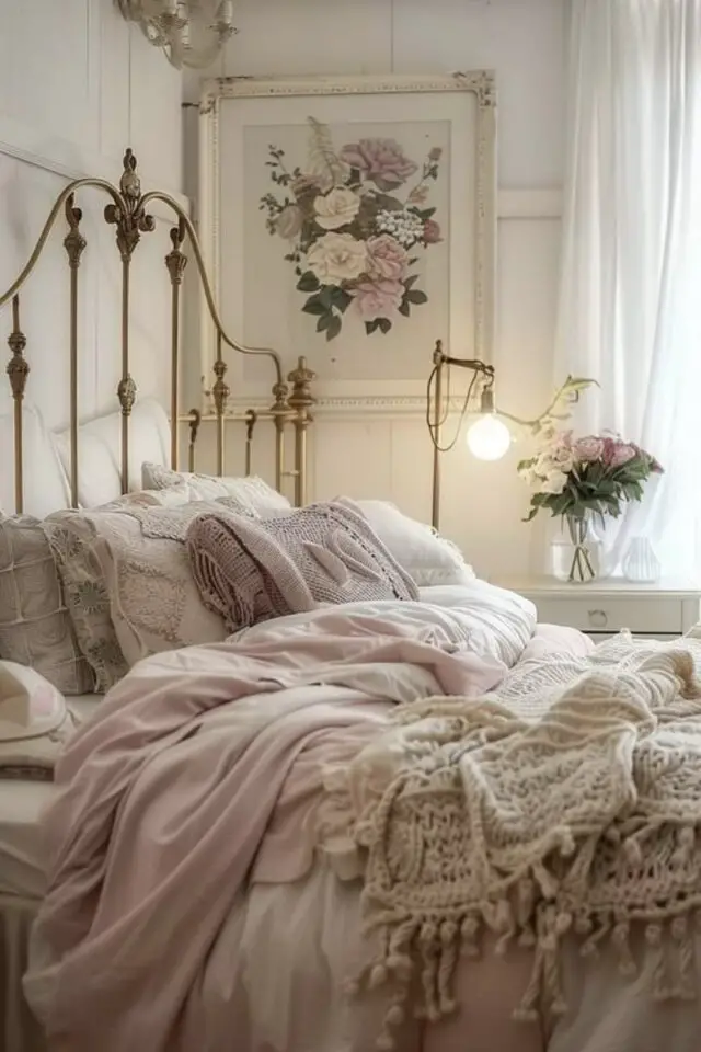 caractéristiques style Shabby Chic chambre à coucher adulte lit ancien en métal cosy plaid tricoté en laine parure de lit vieux rose affiche florale encadrée 