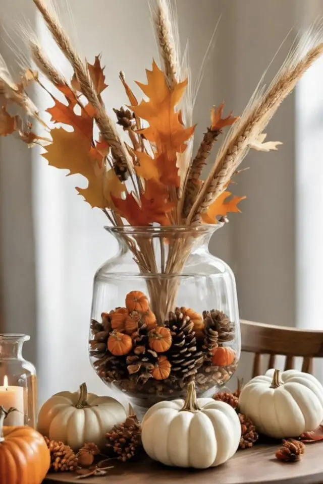 centre de table décoration automne composition facile à faire rustique et naturelle pomme de pin vase en verre transparent feuillage et épis de blé 