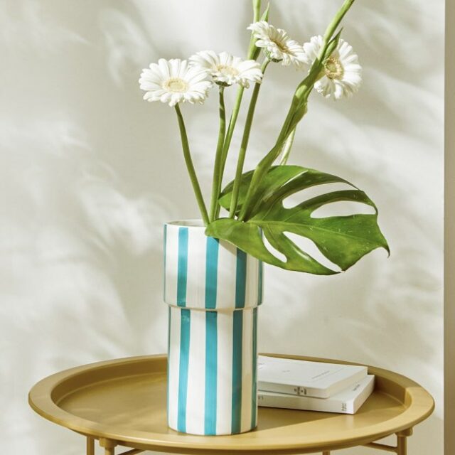 Vase rayures bleu sur fond blanc