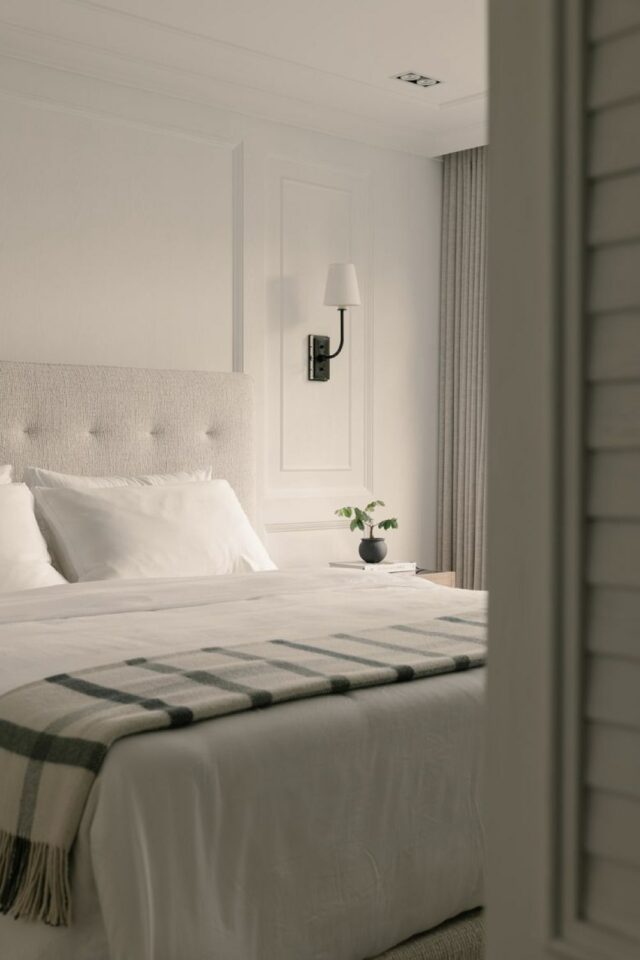 décor maison élégante inspiration méditerranéenne chambre à coucher parentale blanche chic tête de lit capitonnée applique murale 