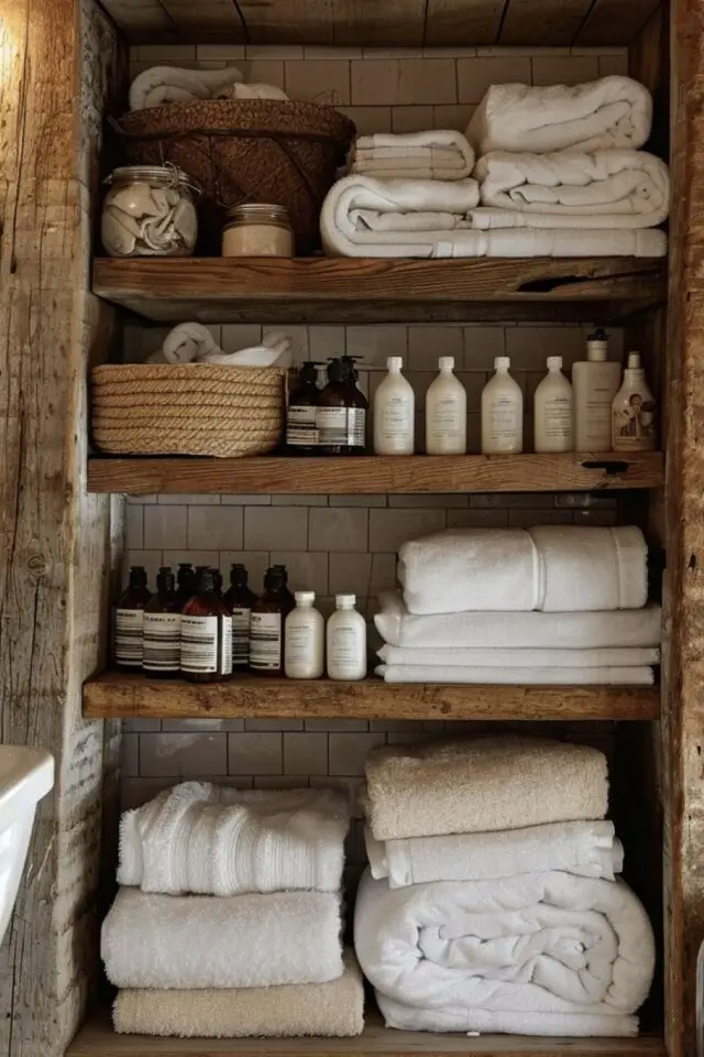 solution aesthetic organisation maison salle de bain étagère en bois rustique serviette de bain flacon