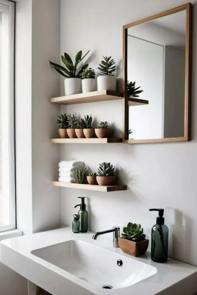 solution aesthetic organisation maison petite étagère salle de bain au dessus du lavabo plantes serviettes 