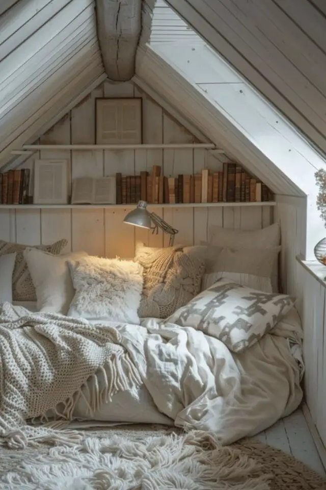 chambre d'amis polyvalente exemple esprit cosy sous les combles lambris bois étagères livres 