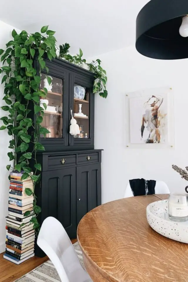 idée déco salle à manger couleur noir meuble vitrine plante verte mur blanc élégant 