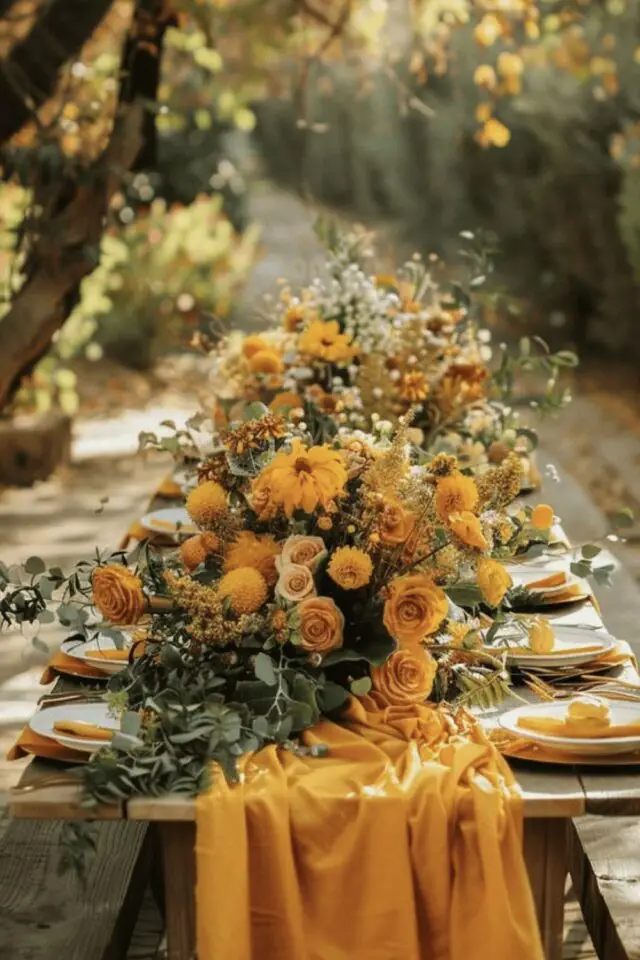 mariage d'automne décoration inspirations table bouquet de fleur tonalité jaune élégant chemin de table uni 