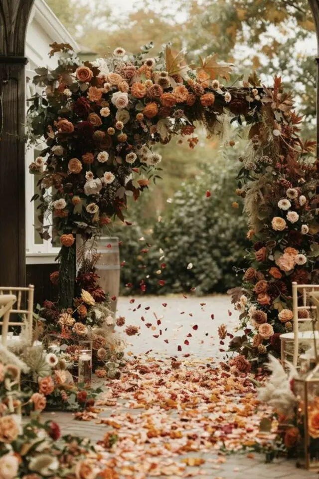 mariage d'automne décoration inspirations extérieur jardin arche fleurie romantique et chic chaise allée  bougies flottantes 