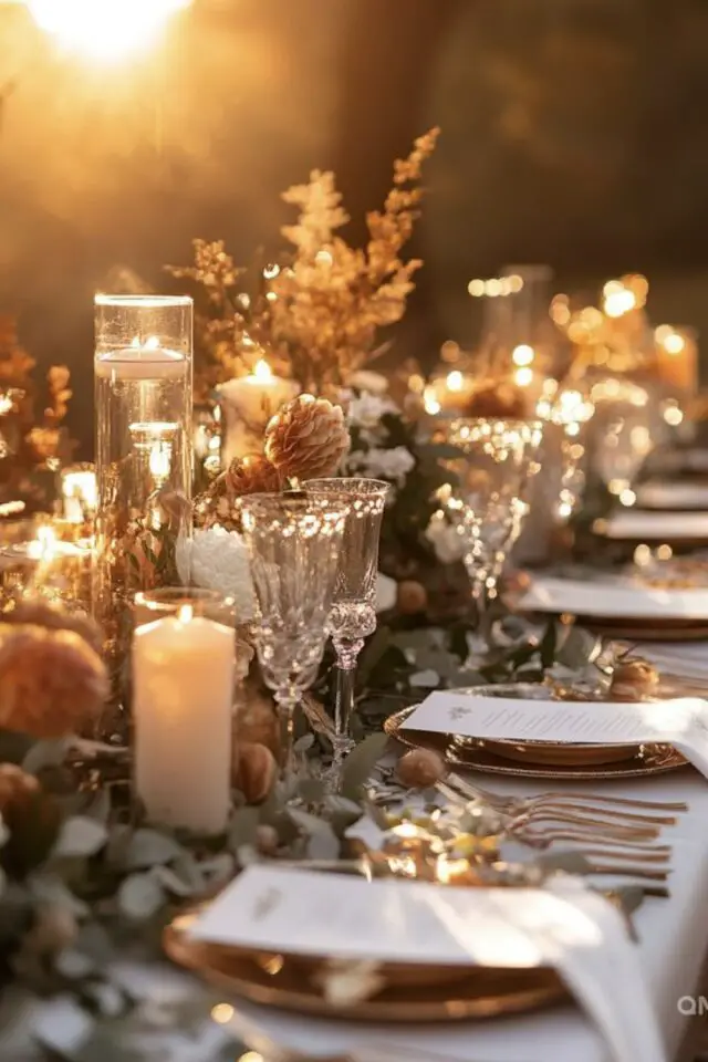 mariage d'automne décoration inspirations déco de table élégante et chic repas réception coupe à champagne en verre feuillage couleur orangée nature 