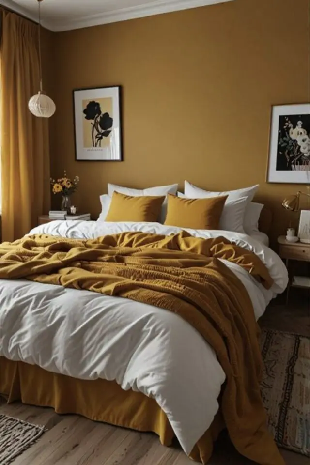 exemple décoration jaune moutarde mur accent peinture chambre à coucher adulte linge de lit blanc  