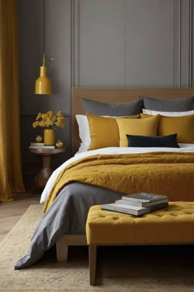 exemple décoration jaune moutarde chambre à coucher tête de lit en velours bout de lit banc capitonné coussins et boutis lampe 