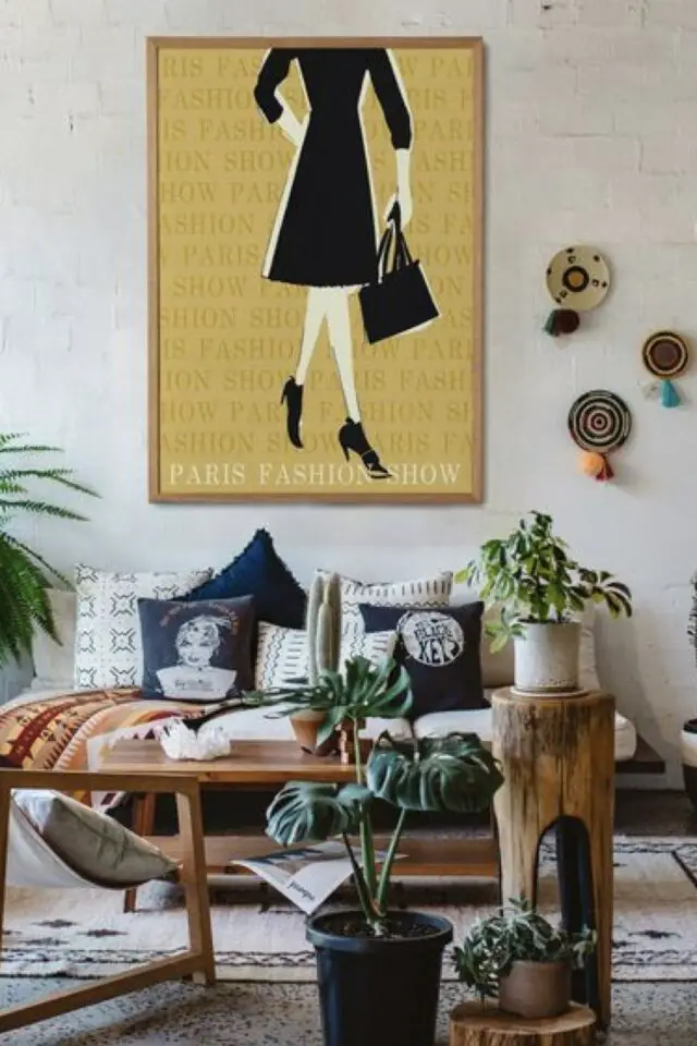 exemple décoration jaune moutarde affiche murale à encadrée silhouette vintage 