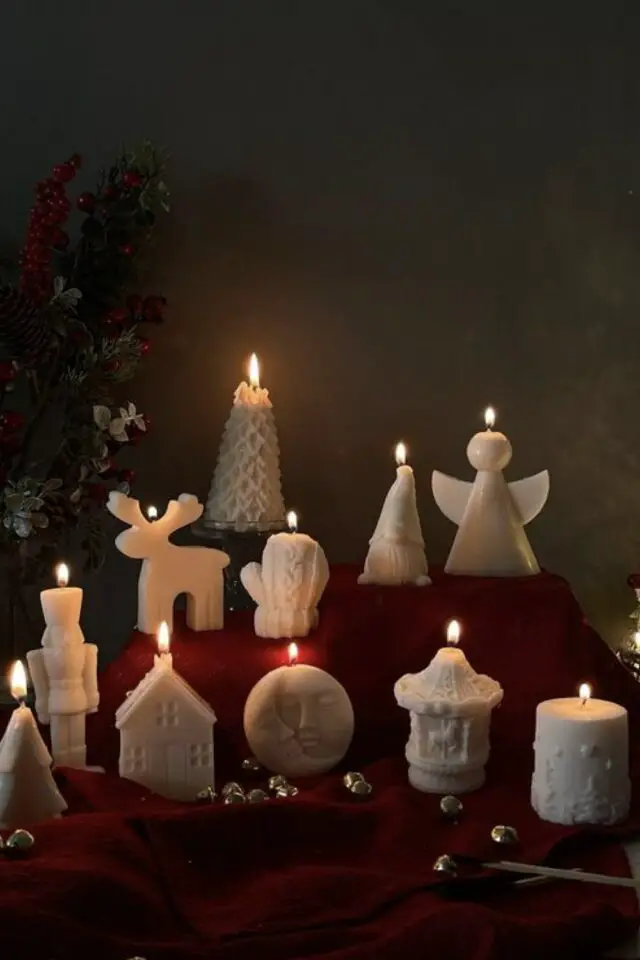 déco noël bougies forme de maisonnette sapin ange cerf couleur blanche 